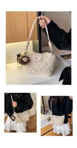 Detail view of fluffy lamb wool crossbody bag, soft texture, cute sheep charm, elegant shoulder