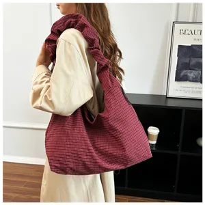 Borsa a tracolla casual a quadri con volant, grande borsa morbida da lavoro per donna autunno.