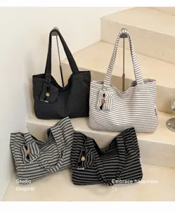 Japanse stijl horizontale gestreepte shopper met tasje, grote canvas schoudertas voor dagelijks.