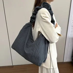 Borsa a Tracolla Plaid Casual da Donna Grande Capacità Borsa Tote in Nylon Stile Coreano Scrunchie Tracolla Hobo Bag per il Lavoro Quotidiano in Ufficio