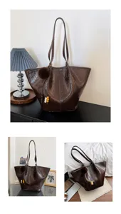 Detail view of retro oil wax leather tote bag featuring a cute furry pendant and interior.