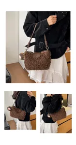 Brown lambswool shoulder bag furry handbag winter stylish women cross-body bag casual daily use