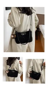 Black fuzzy lambwool crossbody bag for women, cute plush keychain, stylish autumn winter purse.