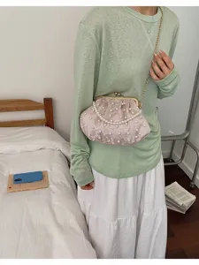 Detailaufnahme einer schicken rosa bestickten Perlen-Kueschenverschluss-Umhaengetasche im Zimmer.