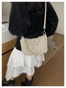 Women fluffy lamb wool crossbody shoulder bag stylish autumn winter fuzzy handbag cream white