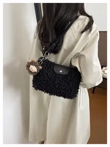 Women black shearling crossbody bag PU leather flap stylish winter shoulder bag with cute plush charm