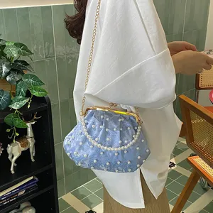 Hellblaue bestickte Kussverschluss-Clutch mit Perlenhenkel und goldener Kette für Damen.
