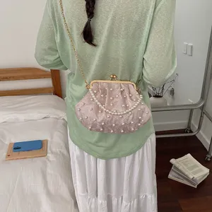 Damen Perlen bestickte Kussverschluss Kette Umhängetasche elegante Abendtasche Handtasche