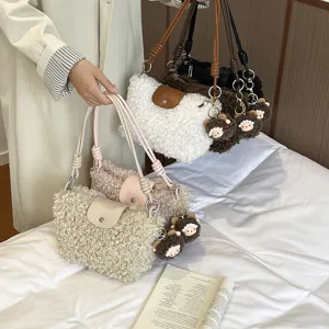 Women's Sherpa Fleece Crossbody Bag Winter Plush Shoulder Bag With Contrast Faux Leather Flap And Cute Animal Pendant Handbag