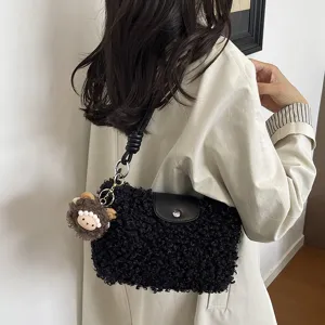 Women black sherpa shoulder bag autumn winter fluffy crossbody handbag with cute plush pendant