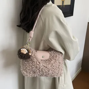 Women winter fluffy shoulder bag sherpa crossbody bag with cute plush pendant for daily outfit style