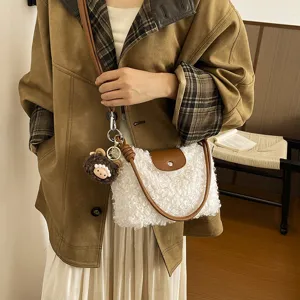 Women autumn winter fuzzy shearling crossbody bag plush shoulder handbag with leather flap.