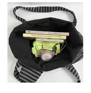 Japans stijl gestreepte canvas shopper, casual grote schoudertas voor dagelijks gebruik.