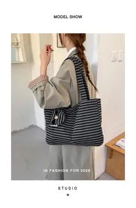 Japans stijl horizontale gestreepte canvas shopper grote capaciteit schoudertas dames mooi