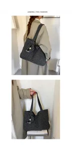 Japans stijl horizontale gestreepte canvas tote bag, grote capaciteit dagelijkse schoudertas.