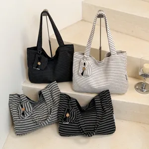 Japanse gestreepte canvas shopper grote capaciteit schoudertas voor dames studenten.