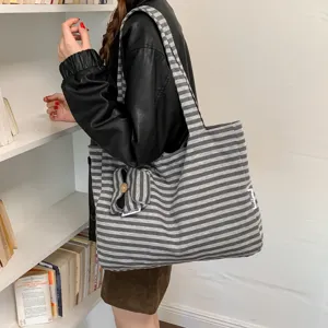 Japanse stijl gestreepte canvas shopper voor dames, grote schoudertas voor dagelijks gebruik.