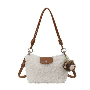 Fluffy shearling crossbody bag for women winter trendy single shoulder handbag with cute pendant