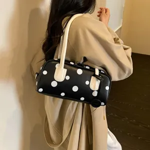 Schicke schwarz-weiße Pünktchen Bowling Umhängetasche, lässige PU-Leder Handtasche für Damen.
