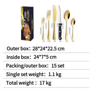 Set di posate in acciaio inossidabile con confezione, posate dorate con specifiche di dimensioni.