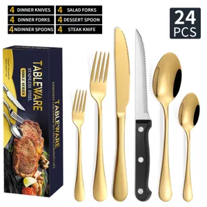 Set posate 24 pezzi in acciaio inossidabile dorato, elegante servizio da tavola cucina