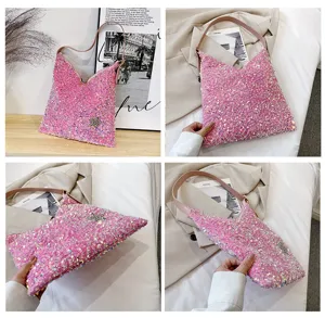 Pink sequin hobo shoulder bag sparkling star detail stylish women underarm handbag