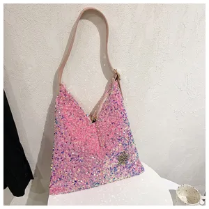 Pink sequin hobo bag detail showcasing shimmering details, zipper closure and stylish strap.