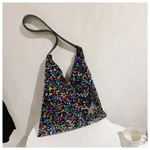 Colorful sequin shoulder bag for women, stylish hobo handbag with secure zipper closure.