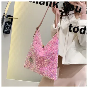 Fashion pink sequin shoulder hobo bag for women, stylish sparkling underarm handbag