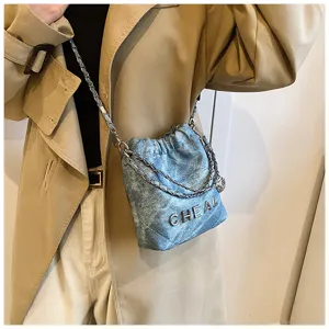 Borsa a tracolla trapuntata in denim da donna mini borsa a secchiello casual