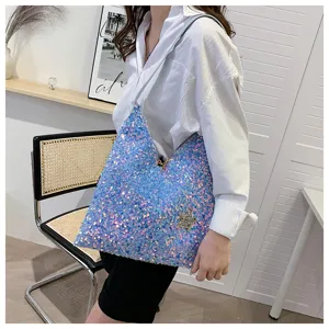 Blue sequin shoulder bag women trendy hobo handbag sparkling underarm bag stylish purse