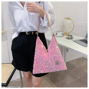Stylish pink sequin shoulder bag for women, sparkling underarm handbag with chic star detail.