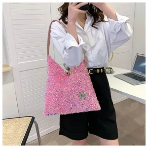 Pink sequin underarm bag trendy shoulder handbag with sparkling rhinestone star detail chic fashion accessory.
