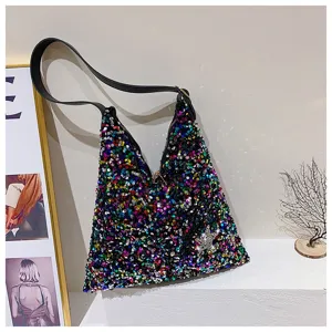 Detailed close-up of the colorful sequin shoulder bag showing texture and zipper detail.