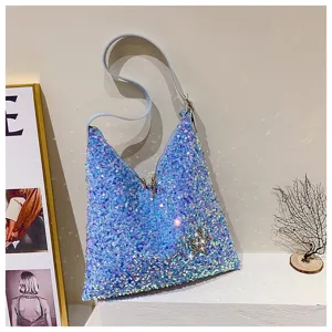 Trendy blue sequin shoulder bag for women, stylish hobo underarm bag with zipper closure.