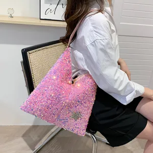 Women Fashion Sequin Shoulder Bag Underarm Handbag Sparkly Bucket Bag Casual Tote Purse With Rhinestone Star Charm