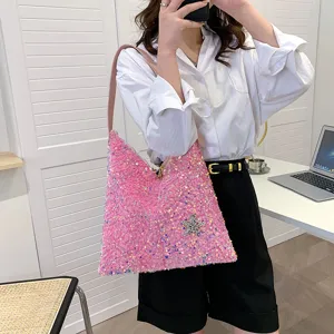 Pink sequin shoulder bag underarm handbag sparkly glitter bag for women stylish daily wear