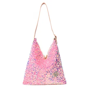 Pink sequin shoulder bag for women sparkling hobo purse trendy underarm handbag daily fashion