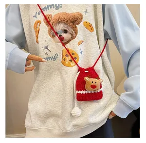 Christmas knit crossbody bag for kids, cute reindeer design, red wool shoulder bag.