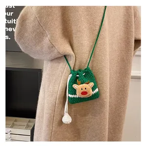Christmas crochet reindeer shoulder bag cute green knit crossbody bag for kids holiday gift.
