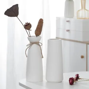 Minimalist white ceramic vase set for home decor, fresh dried flower arrangement table centerpiece.