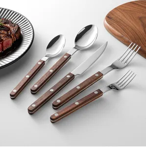 Stainless steel cutlery set with wooden handle spoon fork knife dining tableware
