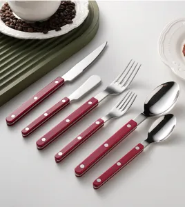 304 stainless steel cutlery set with red ABS handle, premium table knife fork and spoon detail.