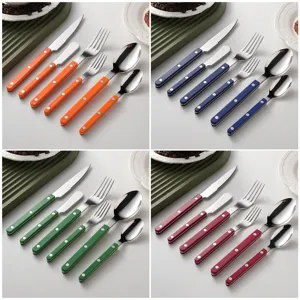 Nordic stainless steel flatware set with colorful ABS handles, steak knife spoon fork