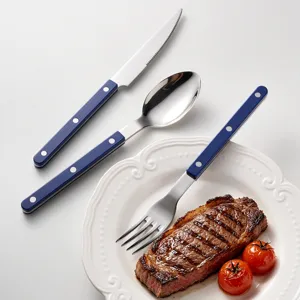 Stainless steel cutlery set with blue ABS riveted handles, elegant table knife fork spoon.