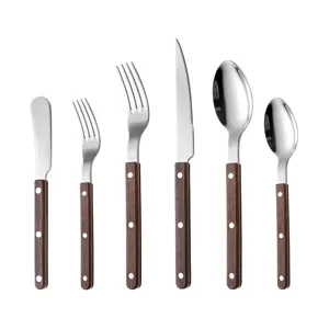 Stainless steel cutlery set with wood grain handle kitchen knife fork and spoon 6pcs