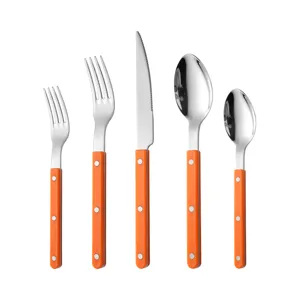Stainless steel flatware set with orange riveted ABS handles, knife fork spoon set.