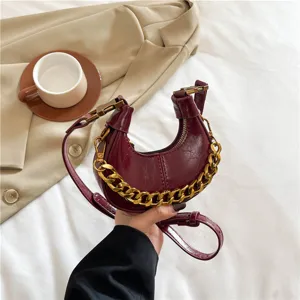 Vintage PU Leder Halbmond Hobo Tasche für Damen Einifarbig Schicke Unterarmhandtasche Mode Retro Mini Umhängetasche