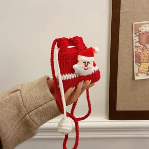 Christmas Woolen Crochet Crossbody Bag Cute Reindeer Snowman Kids Mini Shoulder Bag Festive Knit Drawstring Handbag