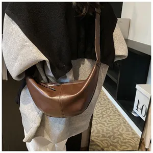 Sac bandoulière demi-lune en cuir marron pour femme, sac croissant rétro décontracté.